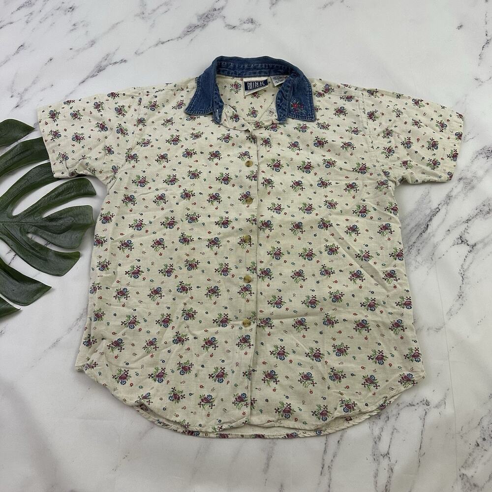 Bill Blass Womens Vintage 90s Floral Button Up Top Size M Cream Blue Denim Trim